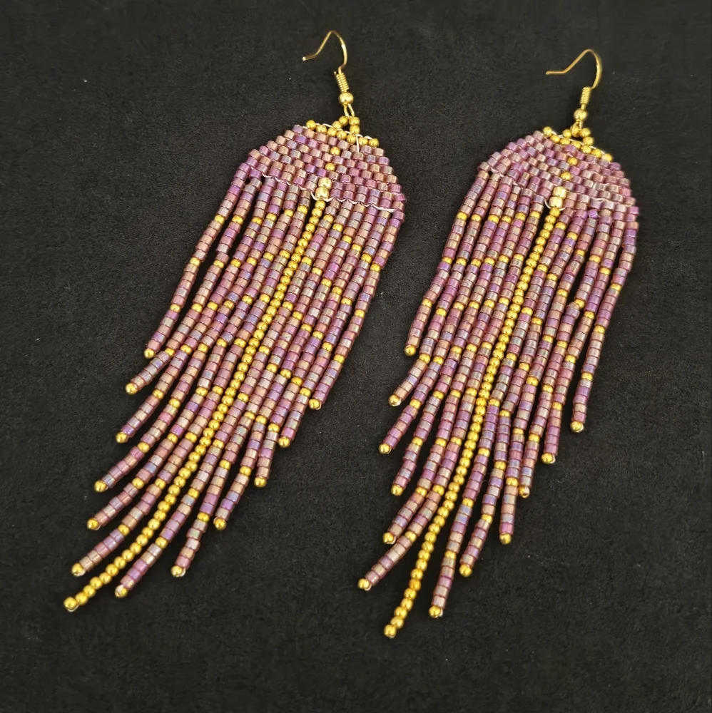 Long multi-colored earrings made of Czech and Japanese beads by hand - Picture 4 of 5